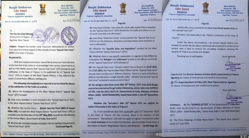 "The Tiger MLA" Ranjit Debbarma Raises Alarm Over Infiltration: Demands Transparency on Special Task Force Operations in Tripura